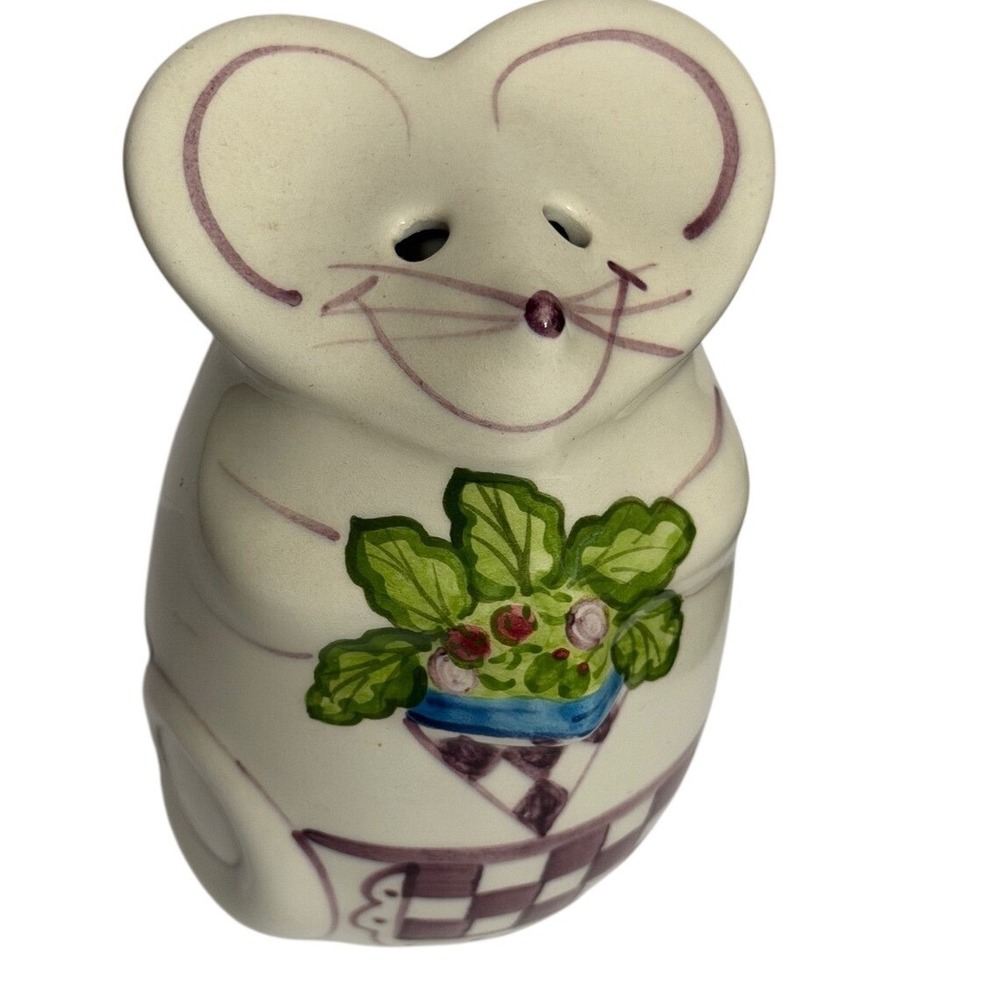 L. Gates 1997 Hand Painted Ceramic Mouse shaker Garden Basket Purple Checkered